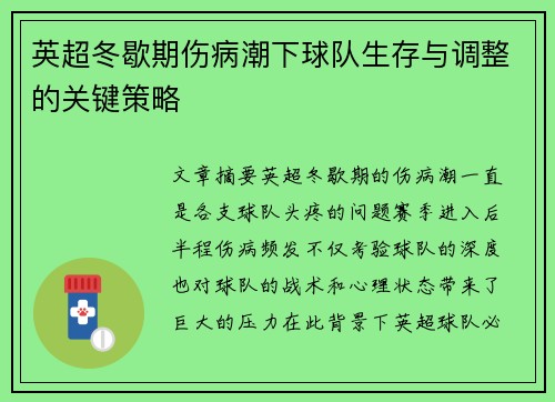 英超冬歇期伤病潮下球队生存与调整的关键策略