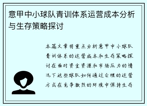 意甲中小球队青训体系运营成本分析与生存策略探讨