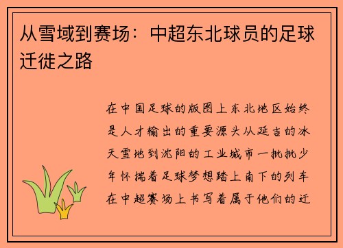 从雪域到赛场：中超东北球员的足球迁徙之路