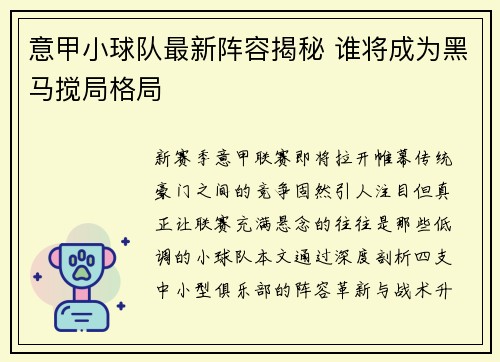 意甲小球队最新阵容揭秘 谁将成为黑马搅局格局